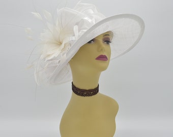 SF044( White )Kentucky Derby Hat, Church Hat, Wedding Hat, Easter Hat, Tea Party, Formal Hat Feather Satin Med Brim Sinamay Hat