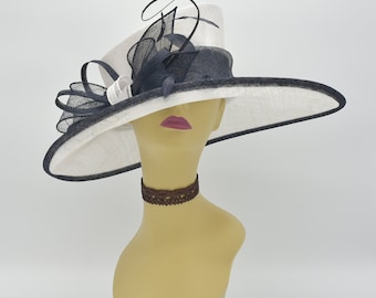 M34 ( White/Navy )Kentucky Derby Hat, Church Hat, Wedding Hat, Easter Hat, Tea Party Hat, Formal Hat Wide Brim Sinamay Hat