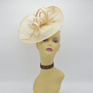 M8123(Natural/Beige) Kentucky Derby, Wedding, Easter, Tea Party, Royal Ascot Sinamay Base with Sinamay Ribbons, Headband Large Fascinator