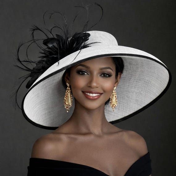 M22022( White Black Hat ) Audrey Hepburn Hat 19.75 display picture 1