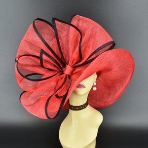 SD28A ( Red Black hat ) Kentucky Derby Hat, Church Hat, Wedding Hat, Eater hat, Tea Party Hat, Race hat Jumbo Bow Wide Brim Sinamay Hat