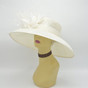 SD17( Ivory +More colors) Kentucky Derby Hat Church Hat Wedding Hat Easter Hat Tea Party Feather Flower Wide Brim Sinamay Hat