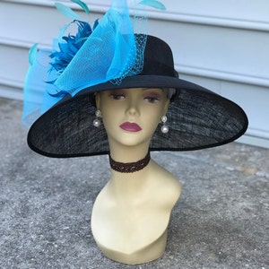 SD08(Black+More colors)Kentucky Derby Hat, Church Hat, Wedding Hat, Easter Tea Party hat Big Bow and Feather flower Wide Brim Sinamay Hat