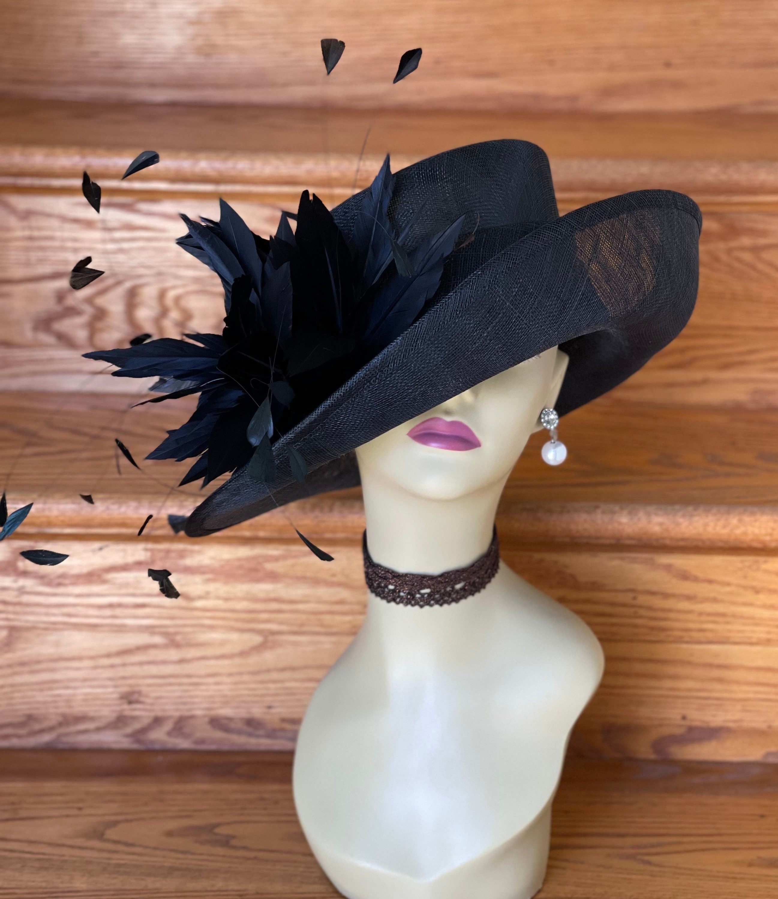 Beige and Black Twist Bow  Knot Feathers Structured Sinamay Dress Hat Derby Hat A neutral piece of ivory, beige, and white. Soft feathers  main image 4