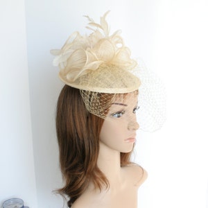 SP408( Natural/Beige)Newest Kentucky Derby, Wedding, Tea Party Sinamay with feather Headband Medium Fascinator Cocktail