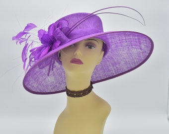 M97( Purple )Kentucky Derby Hat, Church Hat, Wedding Hat, Easter Hat, Tea Party Hat, Formal Hat 3 Layers Wide Brim Woman's Sinamay Hat