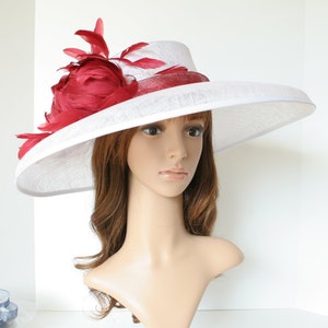 SF001( White/Burgundy ) Newest Kentucky Derby, Church, Wedding, Tea Party 3 Layers 6.25&quot; Wide Brim with 100% feather Floral Sinamay Hat