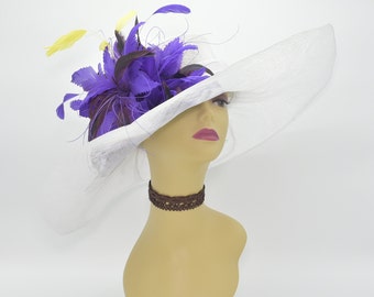 SD(White/Purple/Lime green)Kentucky Derby hat, Church hat, Wedding hat Tea Party hat Jumbo Feather Flower Floopy Wide Brim Woman Sinamay Hat