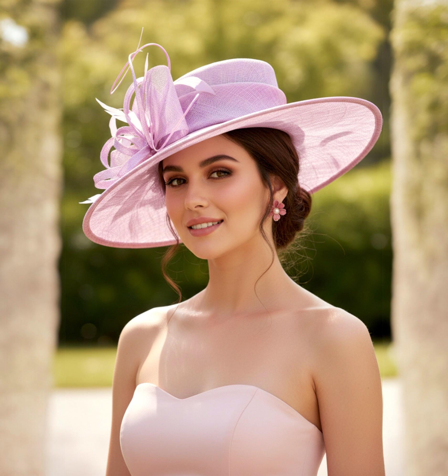 NWT CORTI Italy‎ Wide Brim Rhinestone Feather Church Wedding Formal Hat Pink Vtg Kentucky Derby Hat – Crinoline Flower Feather Fascinator for  main image 3