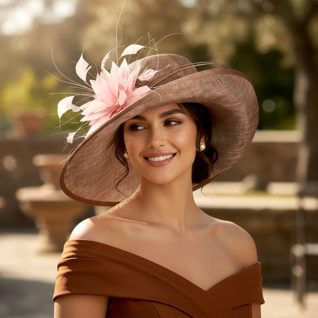 2753 Wide Brim Sinamay Women\'s Fascinator Hats With Flower Feathers Bucket SD18( Navy Blue/peach )kentucky Derby Hat, Church Hat  main image 4