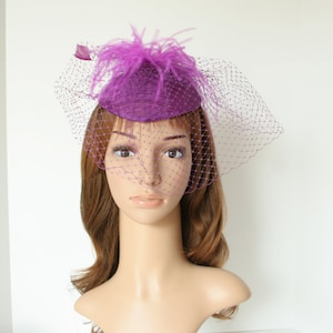 K01( Purple )Kentucky Derby, Wedding, Tea Party Sinamay Base with Soft feather Flower, Veil Small Fascinator Cocktail