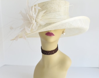 L17 ( Ivory ) Kentucky Derby hat, Church hat, Wedding hat, Easter hat, Tea Party Royal Ascot with feather flower Med Brim Sinamay Hat