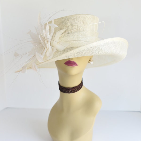 L17 ( Ivory ) Kentucky Derby hat, Church hat, Wedding hat, Easter hat, Tea Party Royal Ascot with feather flower Med Brim Sinamay Hat