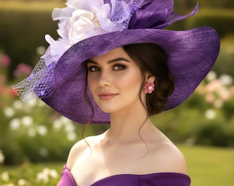 M23157S Purple hat/Lilac/Lavender Wide-Brim Sinamay Hat with Jumbo Bow & Silk flower – Kentucky Derby | Royal Ascot | Wedding | Garden Party