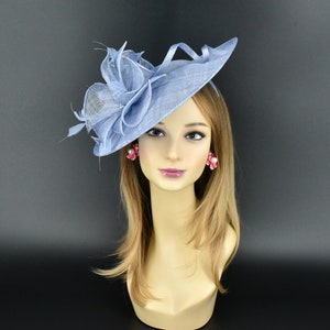 MF681( Periwinkle )Kentucky Derby, Wedding, Easter, Tea Party, Royal Ascot Sinamay & Flower, Feathers Headband Large Fascinator Cocktail