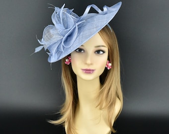 MF681( Periwinkle )Kentucky Derby, Wedding, Easter, Tea Party, Royal Ascot Sinamay & Flower, Feathers Headband Large Fascinator Cocktail