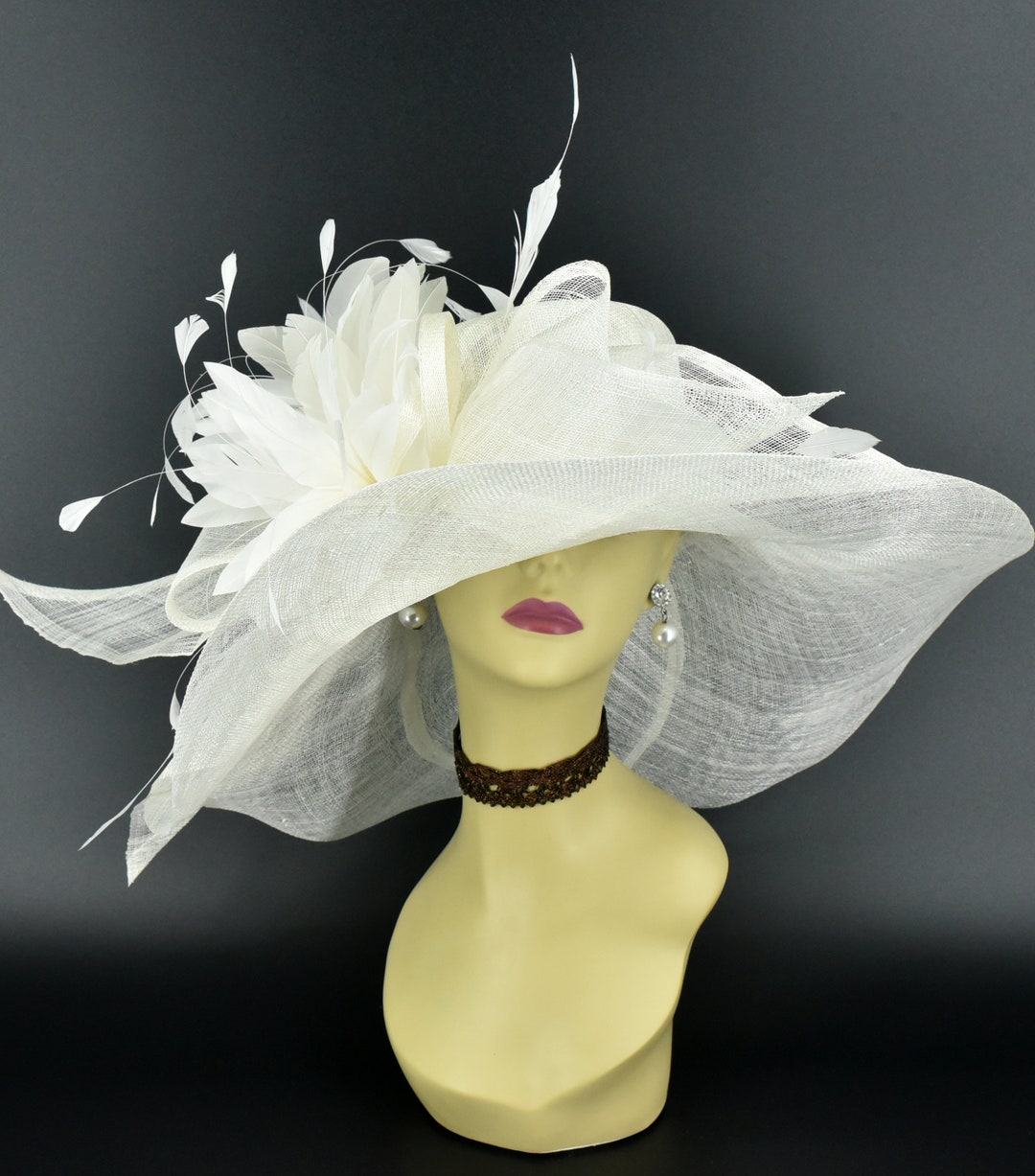 M22019F Ivory Hat Kentucky Derby Hat Church Hat Wedding Hat Tea Party Hat  Big Bow With Feather Flower Sinamay Floopy Wide Brim Hat - Etsy