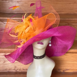 SD20( Hot pink/Orange ) Kentucky Derby hat Wedding hat Horse Race hat Royal Ascot hat Crin Bow Veil Feather flower Wide Brim Woman