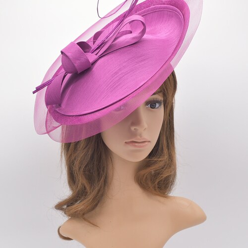 MF908(Fuchsia)Kentucky Derby, Wedding, Easter Tea Party Royal Ascot Sinamay base & Satin Cover Two Quills Headband Large Fascinator shops Cocktail