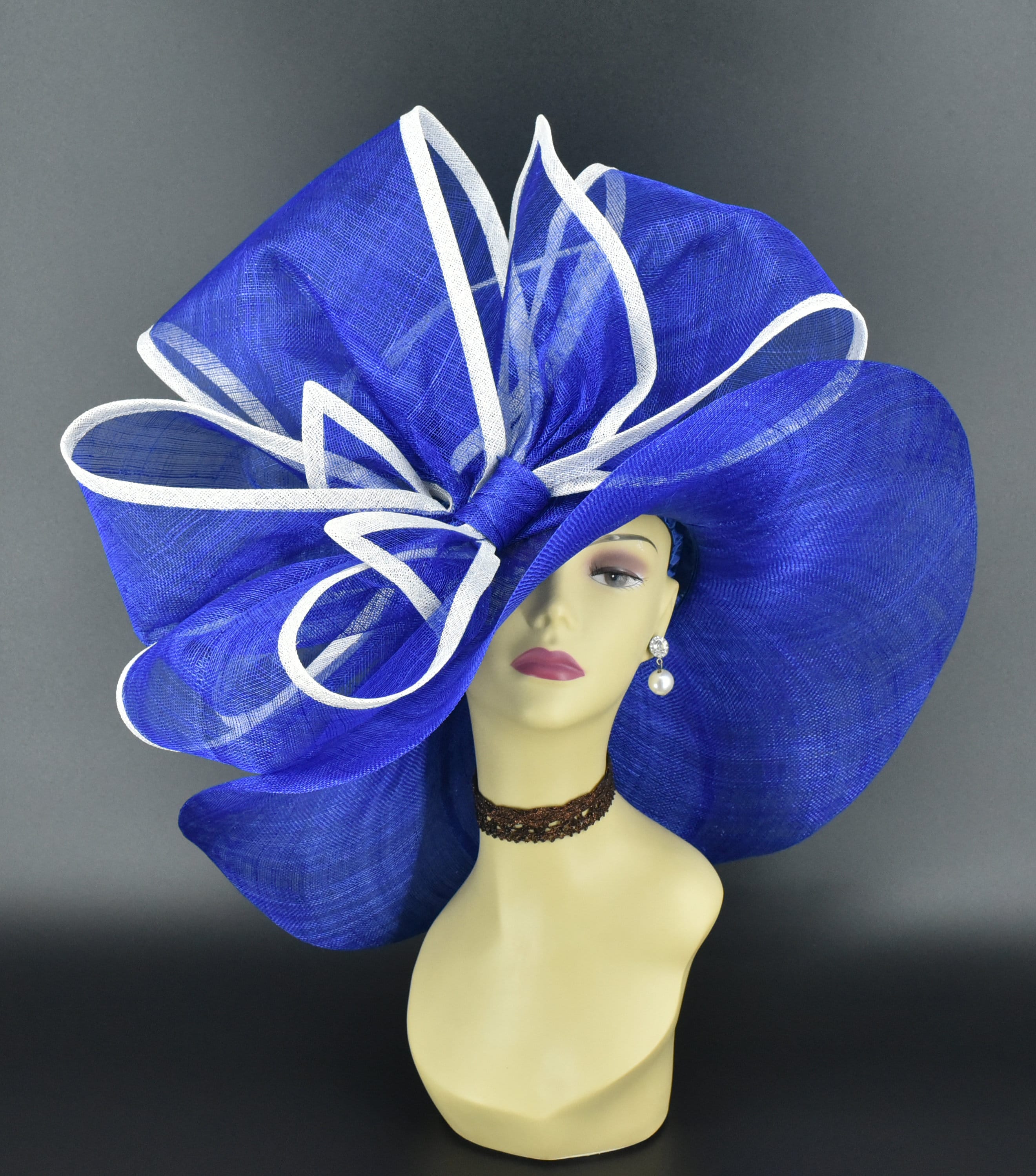 SD28A Royal Blue/white – Jumbo Bow Wide-brim Sinamay Hat  display picture 1