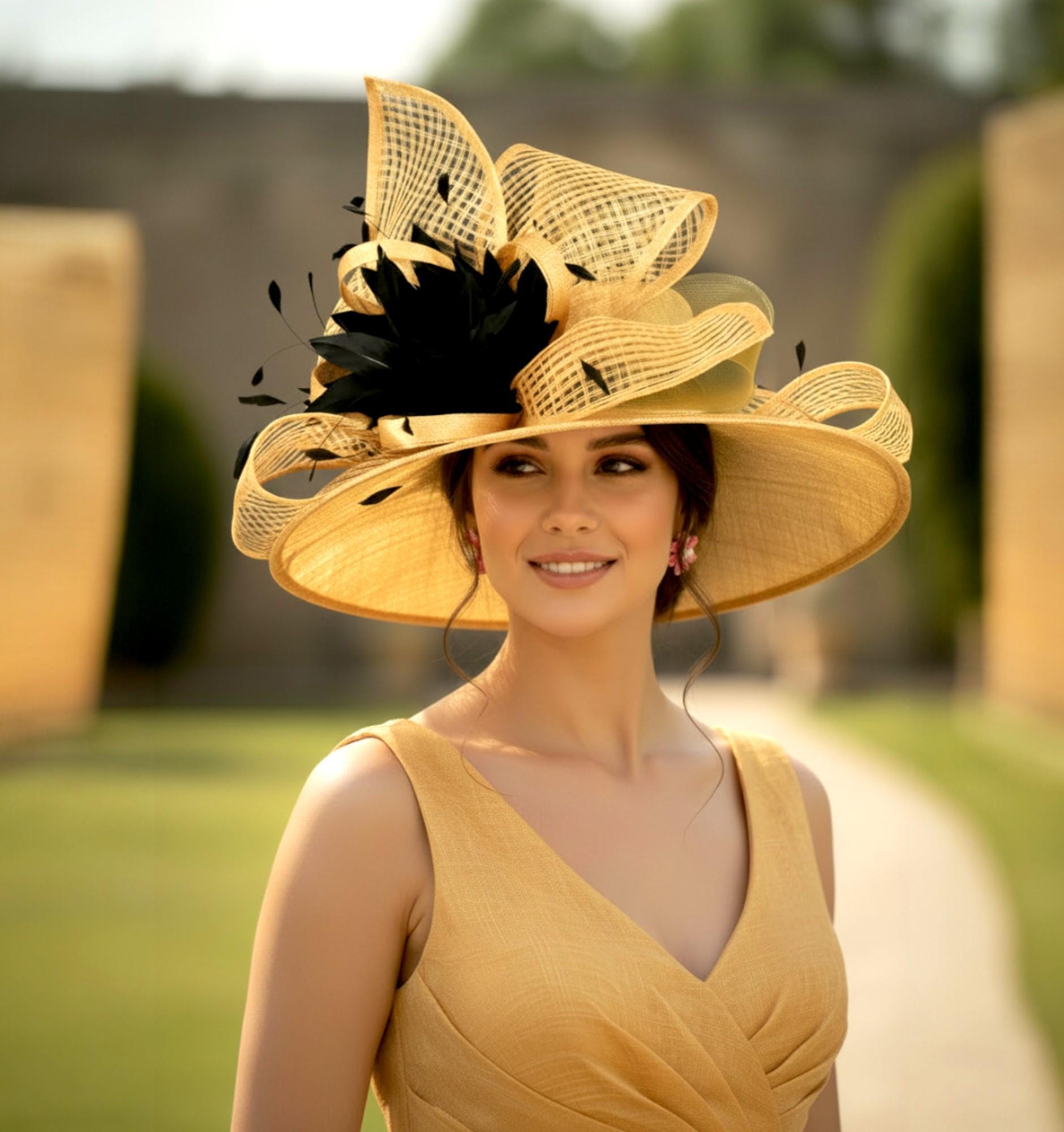 M22021( Gold Black Hat ) Kentucky Derby Hat, Wedding Hat  display picture 3