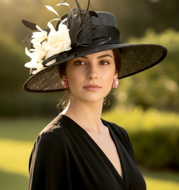 Y2K Giovannio Ivory Wide Brim Derby Hat Black White Flower Wedding Hat Giovannio | Accessories | Giovannio Black Wool Derby Hat  main image 3