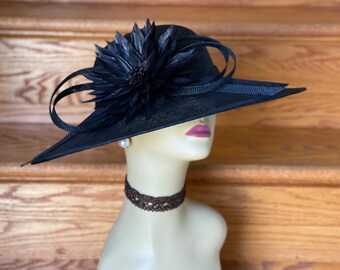 M928( Black ) Vintage Kentucky Derby, Church, Wedding, Easter Hat, Tea Party Hat, Formal Hat 3 Layers Med Brim Sinamay Hat