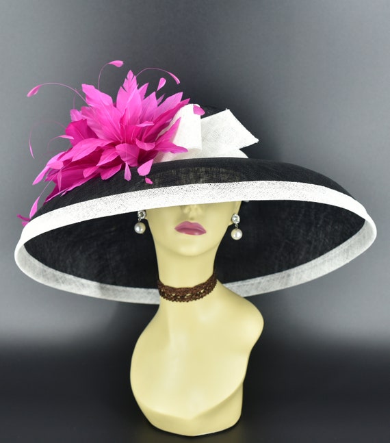 Black Wide-Brim Hat with Pink Satin Floral Accent black-beauty-dress-hats-  main image 2