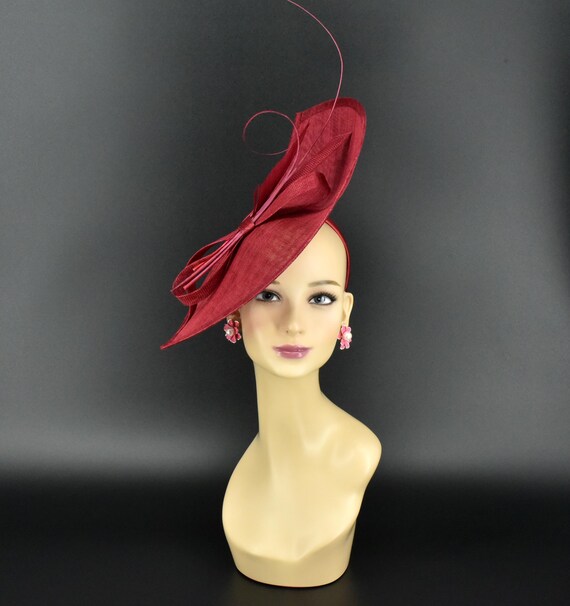 Large Burgundy Sinamay Fascinator Headband Wedding Kentucky Derby Ascot Floral MF173-1 ( Red )jumbo Kentucky Derby Wedding Easter Tea Party  main image 3