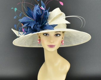 M936( Off-white moonlight blue )High Quality Kentucky Derby Hat Wedding Easter hat Royal Ascot Wide Brim & Silk Flower Woman Sinamay Hat