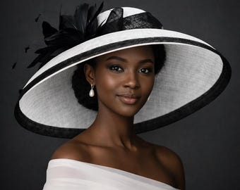 M22025F White/Black – Audrey Hepburn Hat | 19.75” Jumbo Wide-Brim Sinamay Derby Hat