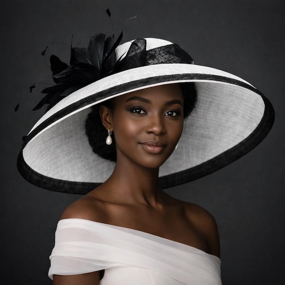Vintage Black & White Straw Wide Brim Derby Hat Vintage Black and White Straw Wide Brim Derby Hat Fancy Hat  main image 2