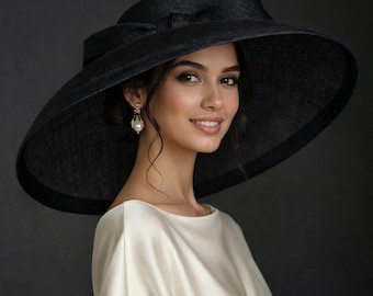 M22025 Black – Audrey Hepburn Hat | 19.75” Jumbo Wide-Brim Sinamay Derby Hat
