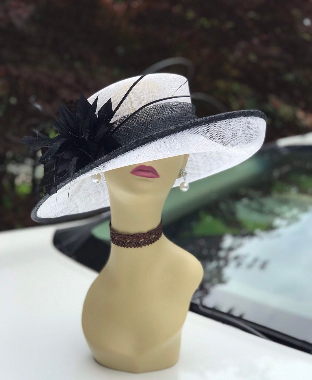NEW - Women's Wide Brim Mesh Derby Church Hats, Black, White - 4237