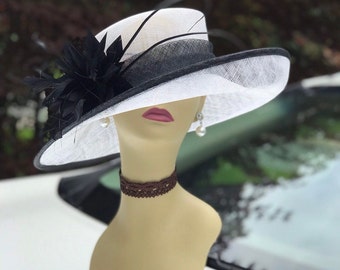 L17( White/Black)Kentucky Derby hat, Church hat, Wedding hat, Easter hat, Tea Party Royal Ascot with feather flower Med Brim Sinamay Hat