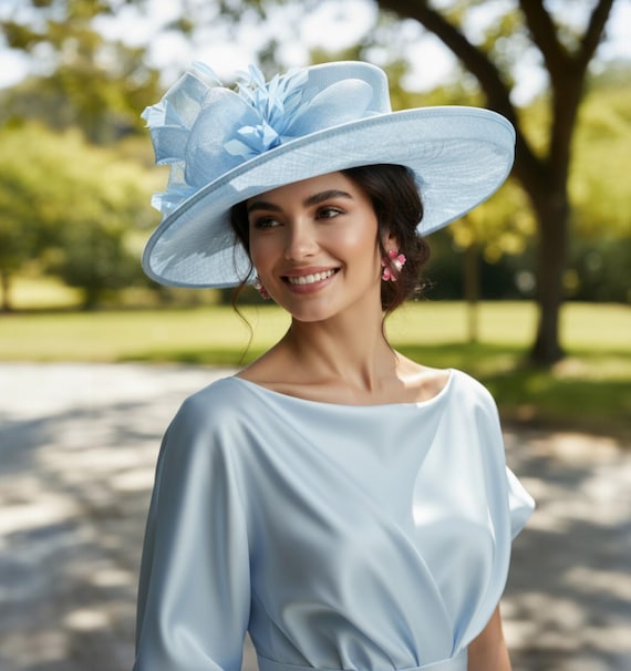 blue dress hat M489V ( Light blue Hat )Kentucky Derby Hat, Church Hat, Wedding Hat, Easter Hat, Tea Party Hat, Formal Hat & Veil Wide Brim Sinamay Hat