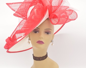 MF921( Ivory/Red ) Kentucky Derby Wedding Easter Tea Party Royal Ascot Sinamay, Net, Feather, Ribbons Headband Large Fascinator Cocktail