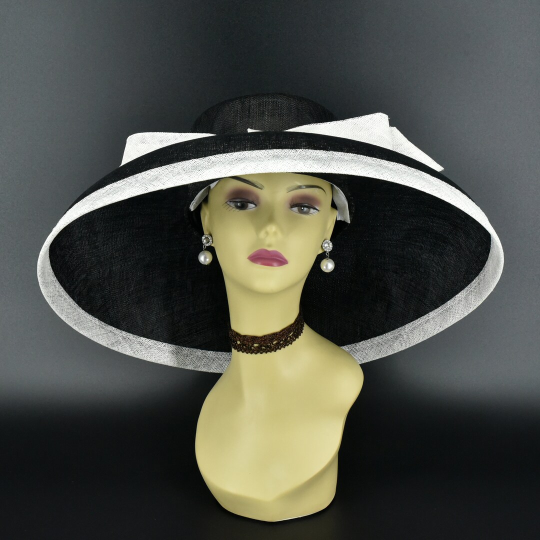 M22025 Black White Hat Audrey Hepburn Hat 19.75 Jumbo Wide Brim Sinamay