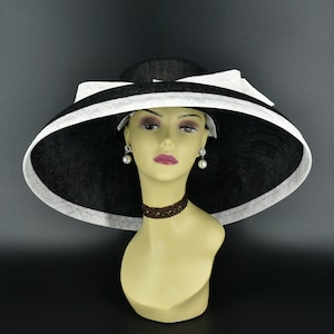 M22025( Black white hat) Audrey Hepburn Hat 19.75" Jumbo Wide Brim Sinamay Hat