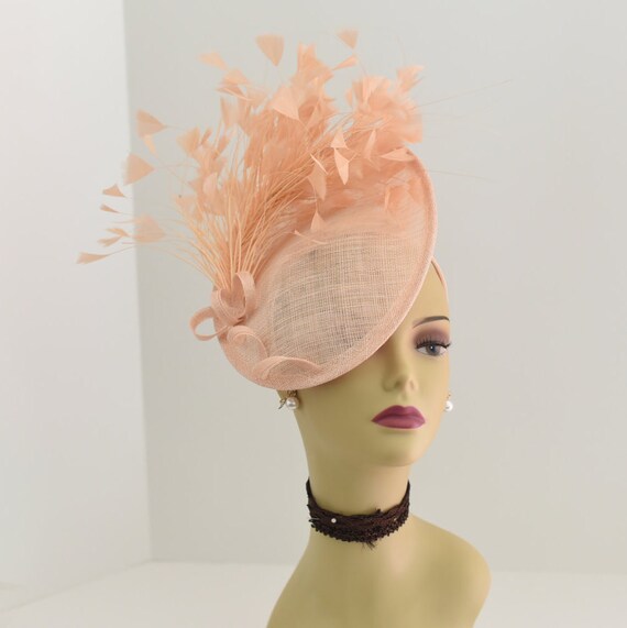 MF12(Peach) Kentucky Derby, Wedding, Tea Party Royal Ascot Sinamay Base feather bouquet, Headband Large Fascinator Cocktail