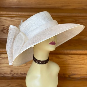 M95( Off-White )Kentucky Derby Hat, Church Hat, Wedding Hat, Easter Hat, Tea Party hat, Carriage hat with Big Bow Wide Brim Sinamay Hat