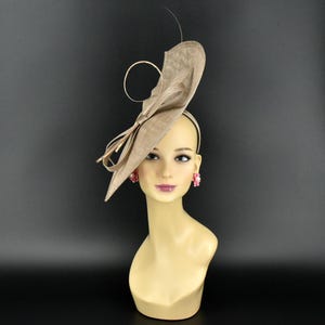 MF173( Taupe )Jumbo Kentucky Derby Wedding Easter Tea Party Royal Ascot Sinamay & Quills, Feather, Ribbons Headband Large Fascinator