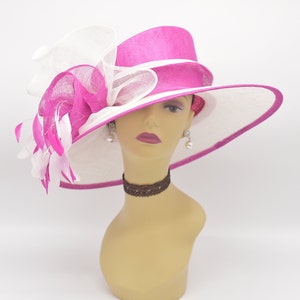 M916 ( White/fuchsia )Kentucky Derby Church Wedding Easter Tea Party Formal Hat 3 Layers & Big Bows Feathers Wide Brim Sinamay Hat