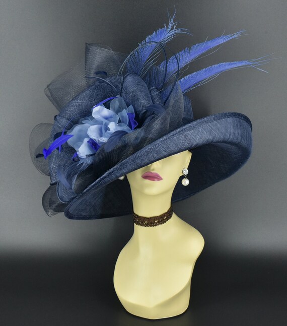 Elegant Custom-made Kentucky Derby Hat - Navy and Multicolor Navy Blue Sinamay Derby Hat: Feather Flower Wide Brim - Etsy main image 3