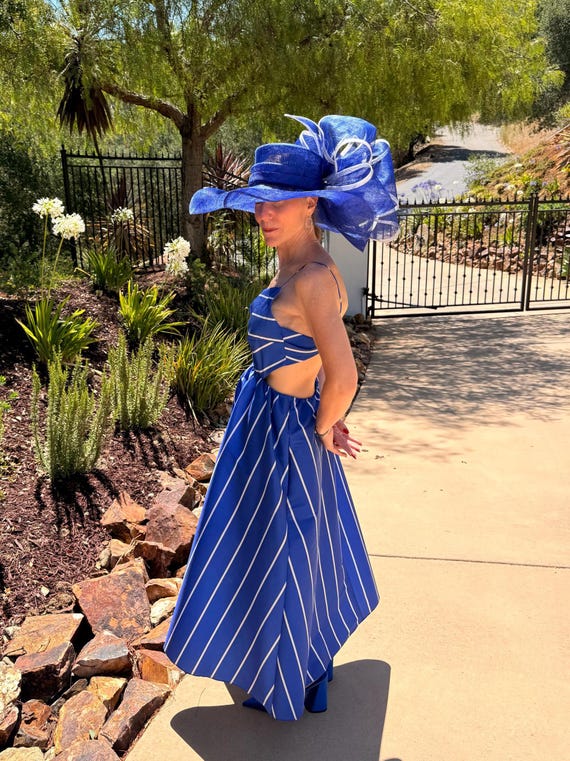 SD28A Royal Blue/White - Jumbo Bow Wide-Brim Sinamay Hat - Kentucky Derby | Royal Ascot | Wedding | Tea Party | Easter | Custom Hat