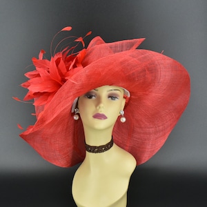 M22019F ( Red hat ) Kentucky Derby hat Church hat Wedding hat Tea Party hat Big Bow & Feather Flower Sinamay Floopy Wide Brim Hat