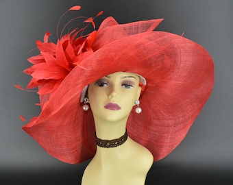 M22019F (sombrero rojo) Sombrero Kentucky Derby Sombrero de iglesia Sombrero de boda Sombrero de fiesta de té Sombrero de ala ancha flexible de sinamay con lazo grande y flor de pluma