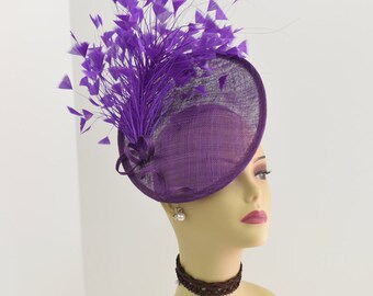 Large Kentucky Derby, Wedding, Tea Party 3 Layers Sinamay Base with feather bouquet, Headband Fascinator Cocktail ( Purple )