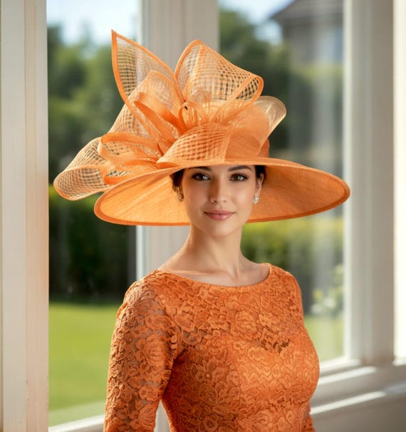orange dress hats M22021( Orange ) Kentucky Derby hat, Wedding hat, Easter hat, Royal Ascot hat, Jumbo Bow Wide Brim Sinamay Hat