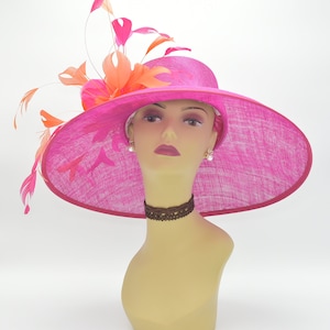 SD02( Hot Pink/fuchsia/Orange ) Kentucky Derby Hat, Church Hat, Wedding Hat, Easter Hat, Tea Party Hat, Carriage hat, Wide Brim Sinamay Hat